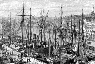 The harbour of Szczecin, today West Pomerania, Poland, in 1880, Historical, digital reproduction of