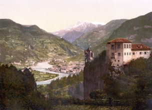 Haselburg Castle and view of Bolzano, Bolzano, Tyrol, former Austro-Hungary, today Italy, c. 1890,