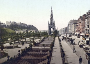 Edinburgh. Princess (i.e. Princes) Street. The Castle & Scott Monument, Scotland, c. 1890,