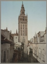 La Giralda con la calle de Borceguineria, Seville, Andalusia, Spain, c. 1890, Historic, digitally