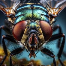 Macro of a housefly (Musca domestica) with detailed wings, large red compound eyes, and the fine