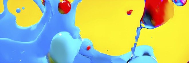 Abstract image with vibrant blue and red blobs and liquid shapes on a yellow background, AI