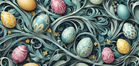 A whimsical abstract pattern with intertwined ribbons, eggs, and floral motifs, with a mix of sharp