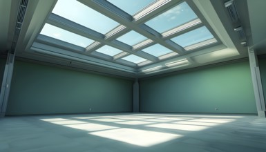 Three dimensional rendering of a futuristic empty room with skylights, AI generated