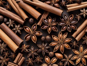 Abstract wallpaper illustration of Christmas spices like cinnamon sticks, star anise, and cloves,