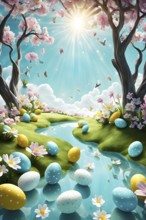 Surreal Easter scene with floating eggs, ribbons, and flowers in a dreamlike, whimsical composition