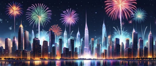 Wallpaper illustration of a cityscape on New Year's Eve, with glowing skyscrapers and floating