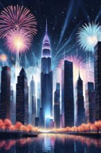 Wallpaper illustration of a cityscape on New Year's Eve, with glowing skyscrapers and floating