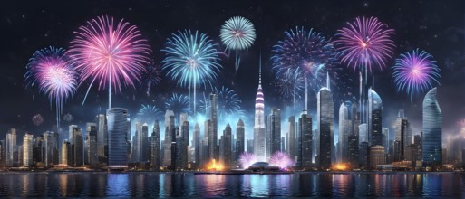 Wallpaper illustration of a cityscape on New Year's Eve, with glowing skyscrapers and floating