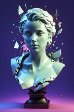 Three dimensional rendering of broken bust with illumination against colored background, AI