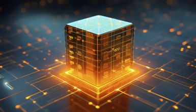 Three dimensional render of an orange glowing blockchain cube, AI generated