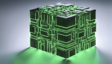 Three dimensional render of a green glowing blockchain cube, AI generated