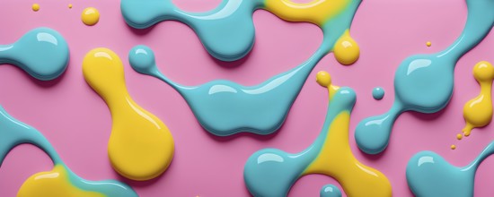 Abstract image with colorful yellow and turquoise blobs and liquid shapes on a pink background, AI