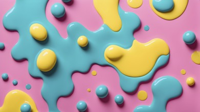 Abstract image with colorful yellow and turquoise blobs and liquid shapes on a pink background, AI