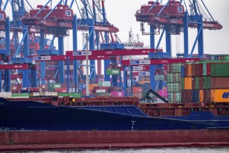 Port of Hamburg, HHLA Container Terminal Burchardkai, Athabaskakai, on the Elbe, container feeder