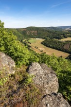 Eugenienstein, view into the Rur valley, landscape along the red sandstone route, in the Rureifel,