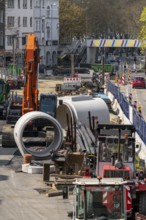 Concrete sewer pipes, stored on a construction site during sewer renovation work, on the Dickswall,