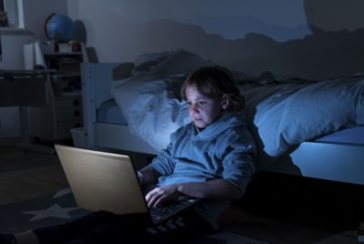 Boy, at home on the computer, laptop, in the children's room, playing a game