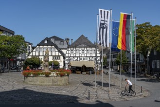 The town of Brilon, historic market square, half-timbered houses, Petrusbrunnen fountain, eastern