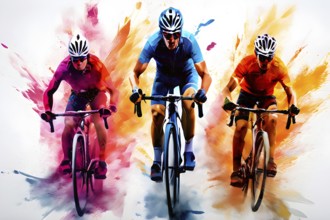 Illustration of dynamic cyclists mid action on a vibrant splash paint background, AI generated