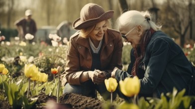 Elderly grandmother planting some spring plants with her granddaughter in the garden, generative