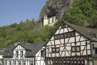 Rock church built in 1484, landmark and half-timbered houses, rock, stone wall, Idar-Oberstein,