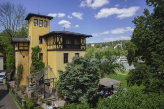 Men's groups on the way to Men's Day on the Dresden Elbe cycle path, here the Villa Marie, Dresden,