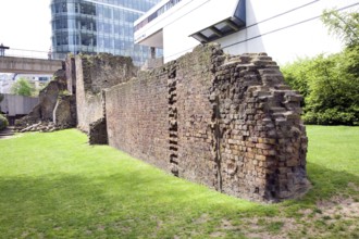 Remains of Saxon and Roman city wall, the Barbican, London, England, UK