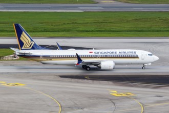 A Boeing 737 MAX 8 aircraft of Singapore Airlines with the registration 9V-MBE at Changi Airport,