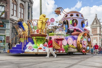 Chicks and bunny characters on parade float in Universal Studios theme park in Orlando, Florida,