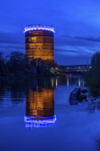 Neue Mitte Oberhausen, Gasometer exhibition hall, after renovation, Rhine-Herne Canal, evening