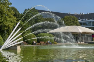 The Grugapark in Essen, main entrance, Grugahalle, water features, pond, North Rhine-Westphalia,