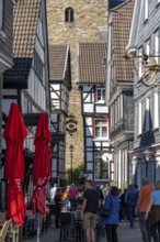 The old town of Hattingen, half-timbered houses, gastronomy in the street Kirchplatz, Protestant