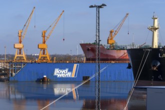 Lloyd Werft, dry dock, freighter Atlantic Journey, shipyard in the overseas harbour of Bremerhaven,