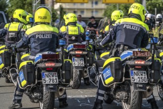 Police officers, police motorbikes, in action at the demonstration against the AFD party conference