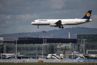 Lufthansa aircraft approaching Frankfurt am Main airport, on the centre runway, 25C/07C, terminal