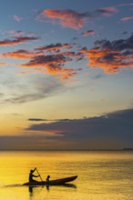 Canoe in sunset, sunset, horizon, evening light, boat, sun, evening mood, cloudy sky, colourful,