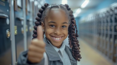 Cute african american school girl giving a thumbs up in the hallway of her school. generative AI,