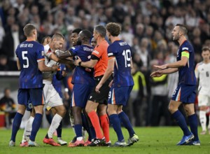 Scuffle around Waldemar Anton GER (03) Denzel Dumfries NED (22) Referee Referee Slavko Vincic (SVN)