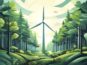 Abstract illustration of a forest with tall, geometric trees made of wind turbine blades, merging