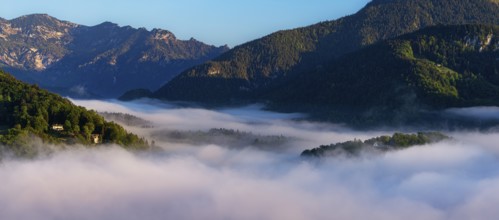 Morning fog over the village of Berchtesgaden in the valley, Berchtesgaden National Park, Upper