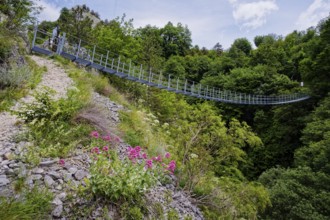 Ponte tibetano, Tibetan suspension bridge near Roccamandolfii in the Isernia region. Molise, Italy,