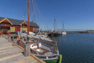 Rudkøbing harbour, historic sailing ships, jetty, maritime flair, bridge to the island of