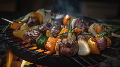 Fresh succulent vegetable and steak kebab on the flame grill, generative AI, AI generated