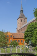 Odense, green area, brick building cathedral church, St. Knuds church, Hans Christian Andersen