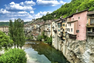 Pont en Royans. Houses hanging above river La Bourne. Isère. Auvergne-Rhone-Alpes. Vercors regional