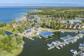 Aerial view of marina Rechlin, lake Müritz, holiday cottages, pleasure boats, Rechlin,