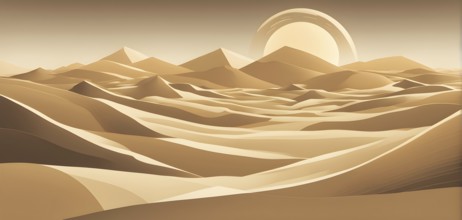 Abstract desert scene with triangular sand dunes and a single circular sun, using sharp lines and