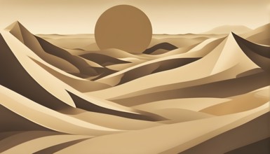 Abstract desert scene with triangular sand dunes and a single circular sun, using sharp lines and