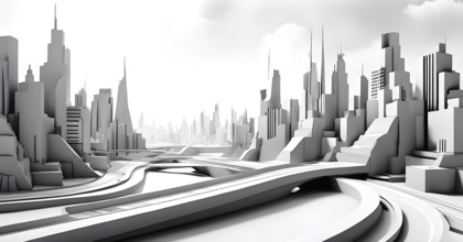 Modern city skyline using clean lines and geometric forms, with rectangular buildings and smooth,